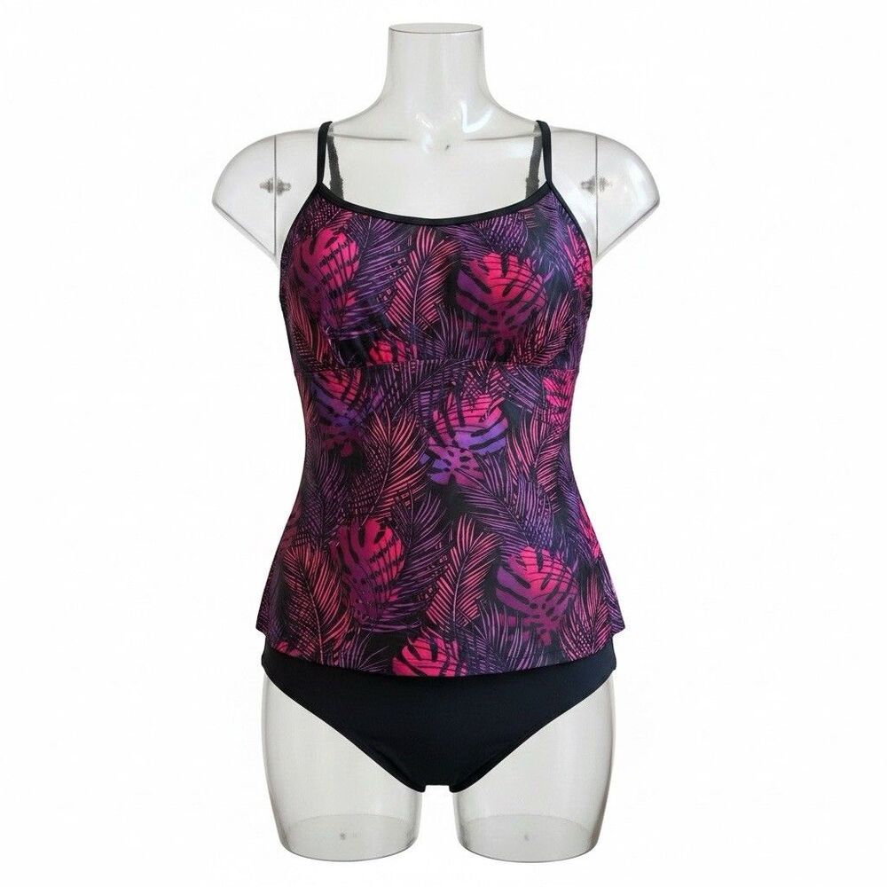 Tankini 2pc Swimsuit Set by Tempt Me. Size L  Black Pink Purple Floral Bikini